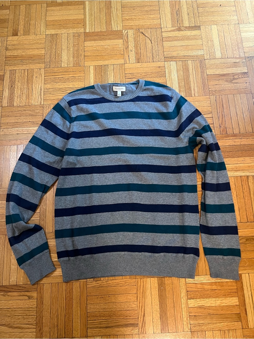 Nautical Vibes Sonoma Men's Gray Crewneck with Navy & Teal Stripes size small